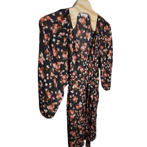 A.L.C. Carlo Silk‎ Wrap V Neck Floral Print Long Sleeve Mini Dress Size 14 Black - Picture 7 of 10